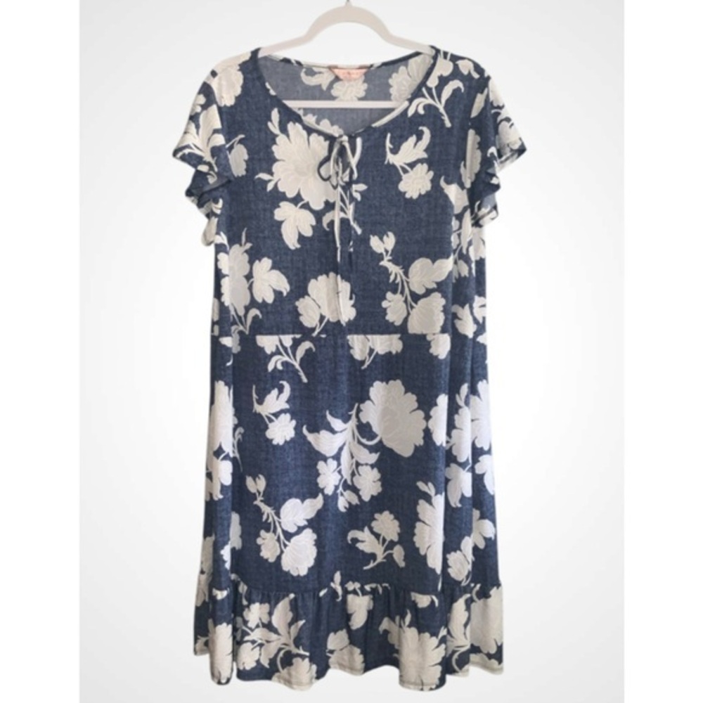 SJS Floral Blue and White Short Ruffle Sleeve Tie Front Shift Casual Dress XL